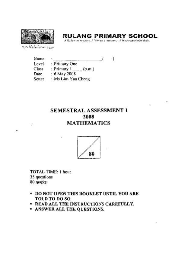 Rulang P1 Math WA2 2008 exam paper PDF preview