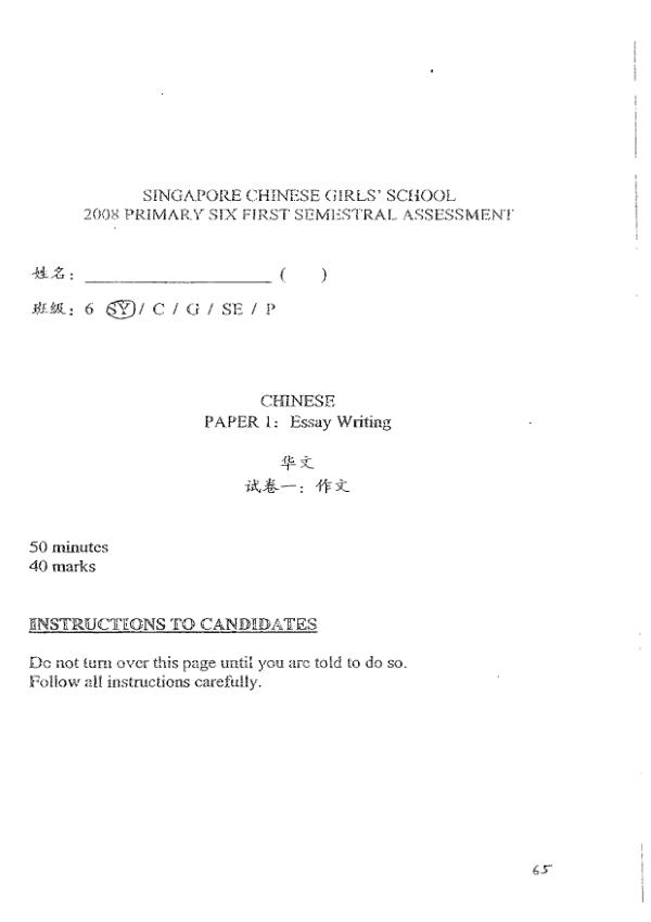 Singapore Chinese Girls P6 Chi WA2 2008 exam paper PDF first page preview