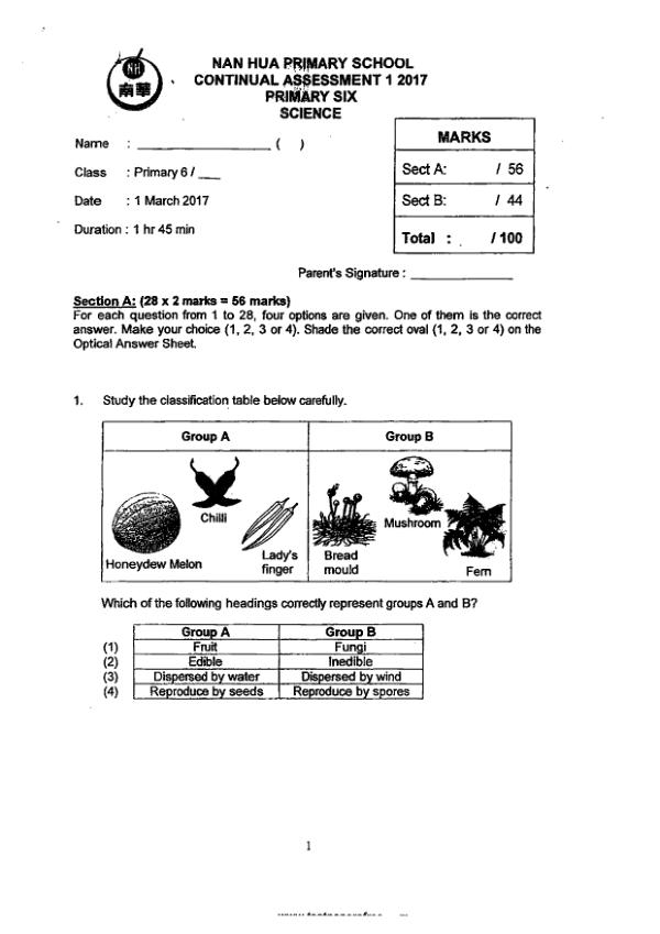 Nan Hua P6 Sci WA1 2017 exam paper PDF preview