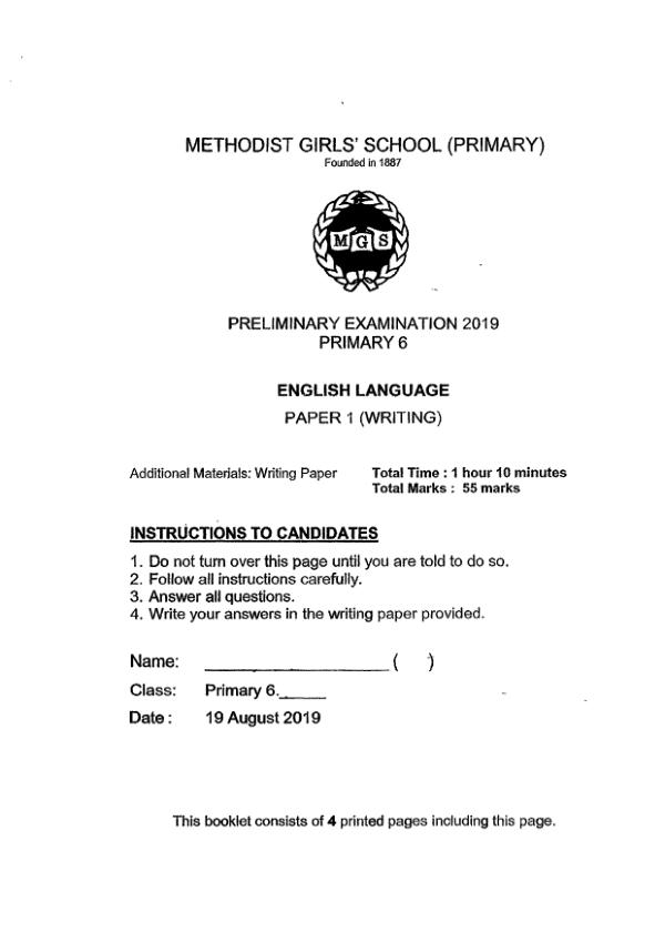 Methodist Girls P6 Eng SA2 2019 exam paper PDF preview