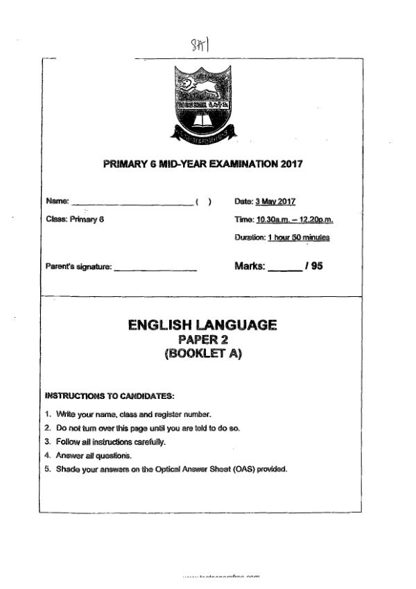 Tao Nan P6 Eng WA2 2017 exam paper PDF first page preview
