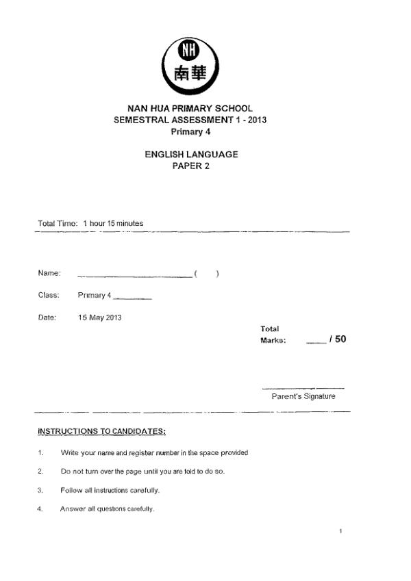 Nan Hua P4 Eng WA2 2013 exam paper PDF preview