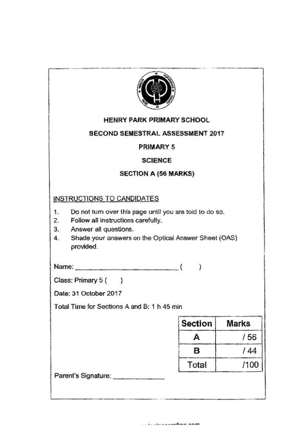 Henry Park P5 Sci SA2 2017 exam paper PDF first page preview