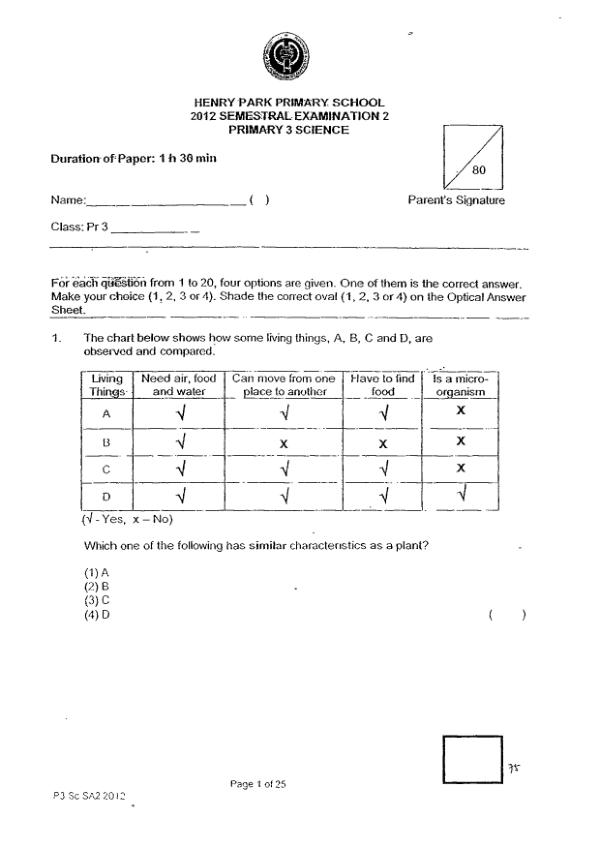 Henry Park P3 Sci SA2 2012 exam paper PDF preview