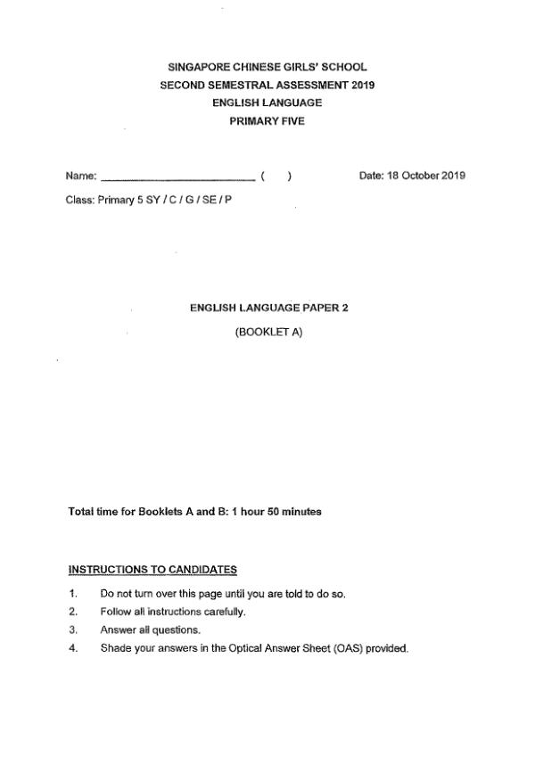 Singapore Chinese Girls P5 Eng SA2 2019 exam paper PDF preview