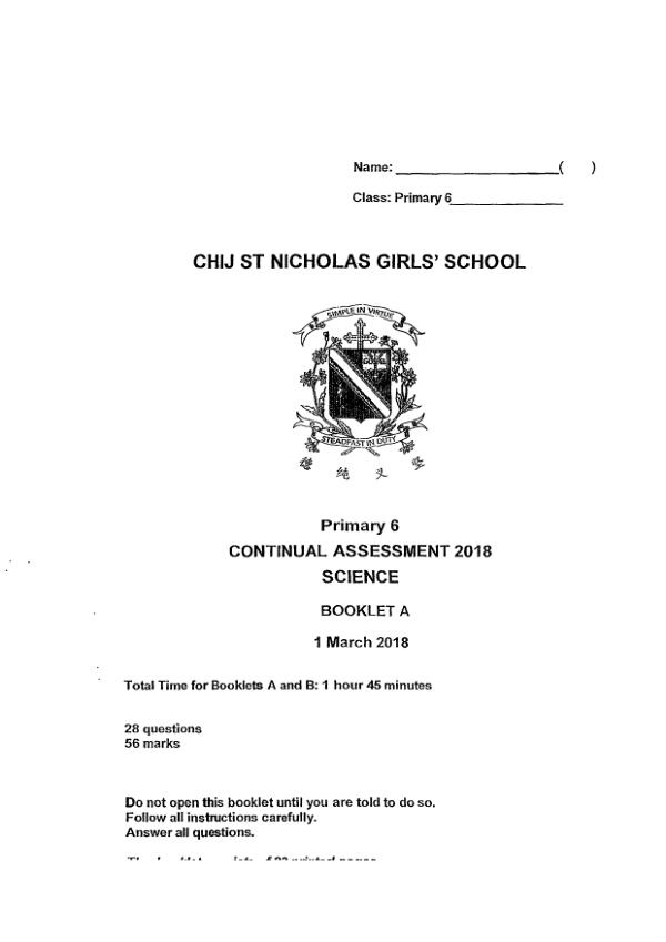 CHIJ P6 Sci WA1 2018 exam paper PDF first page preview