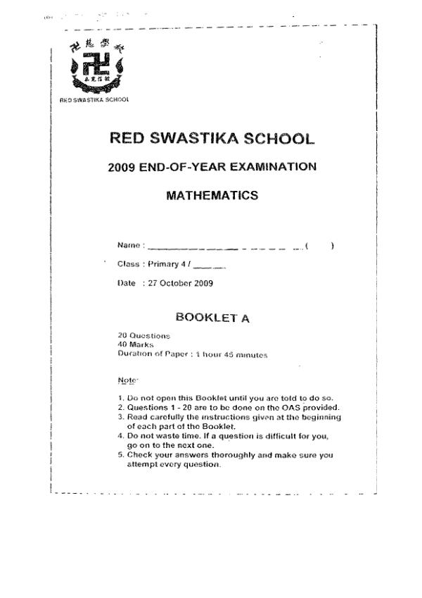 Red Swastika P4 Math SA2 2009 exam paper PDF preview