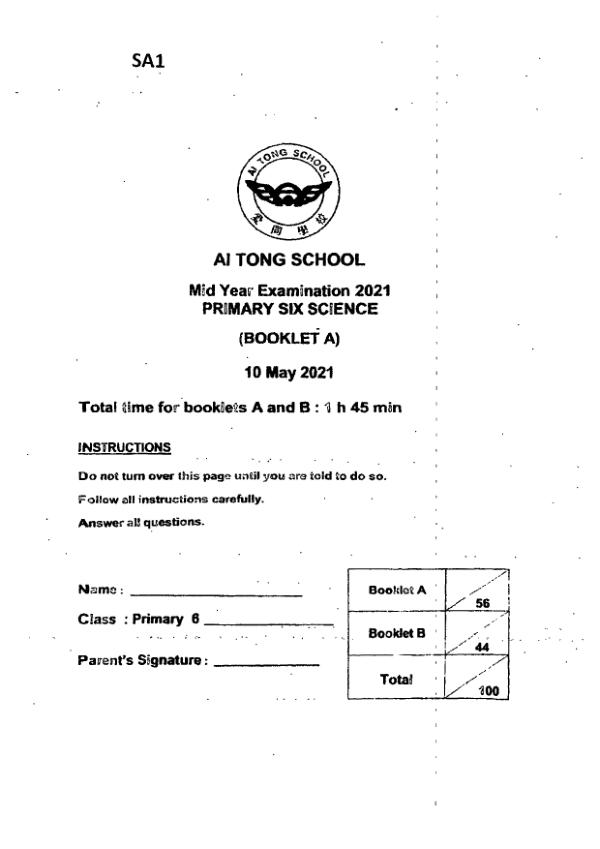 Ai Tong P6 Sci WA2 2021 exam paper PDF first page preview