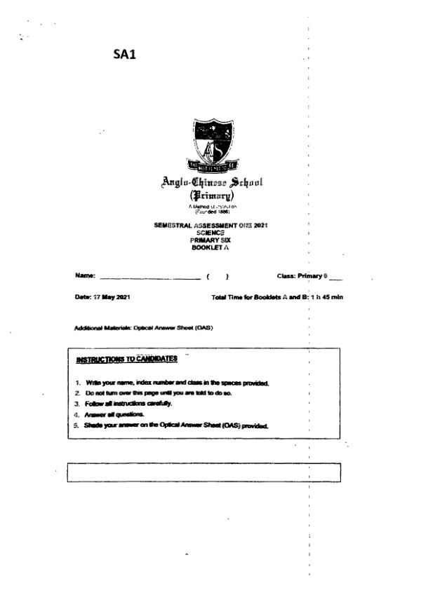 Anglo Chinese P6 Sci WA2 2021 exam paper PDF first page preview