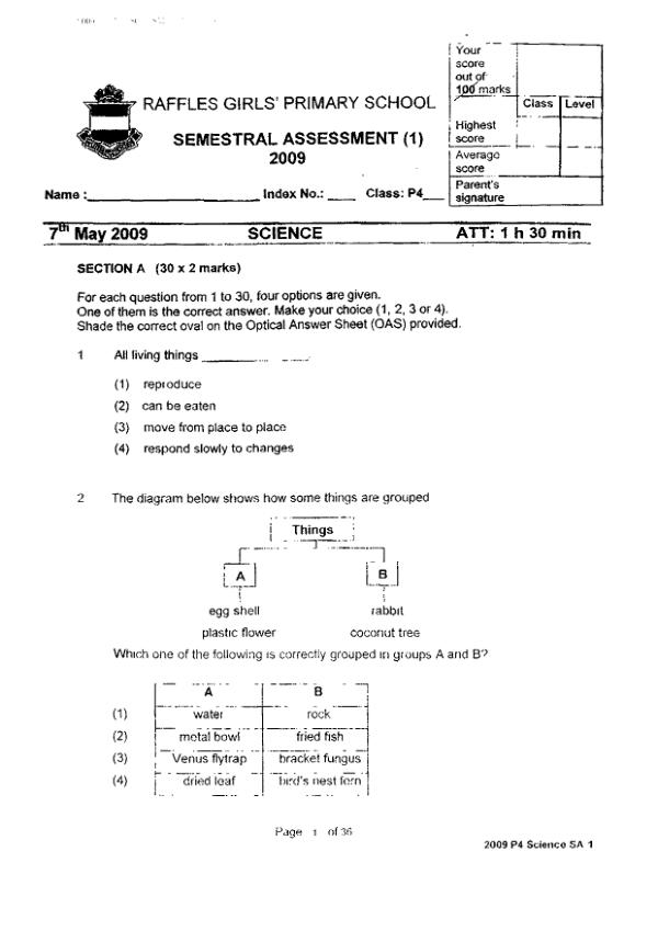 Raffles Girls P4 Sci WA2 2009 exam paper PDF preview