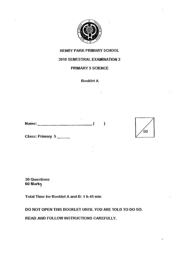 Henry Park P5 Sci SA2 2010 exam paper PDF first page preview