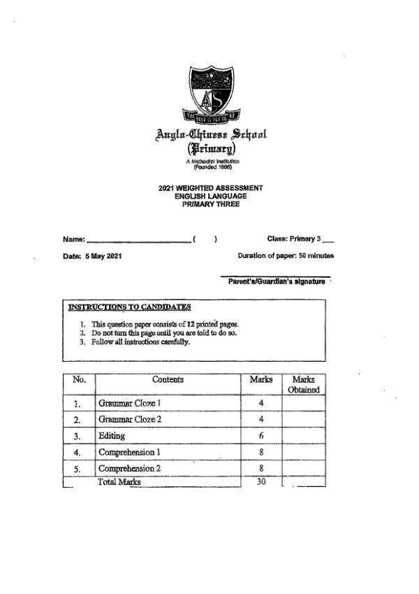 Anglo Chinese P3 Eng WA2 2021 exam paper PDF first page preview
