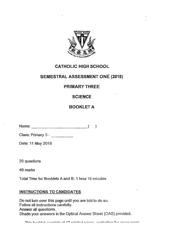 Catholic High P3 Sci WA2 2018 exam paper PDF first page preview