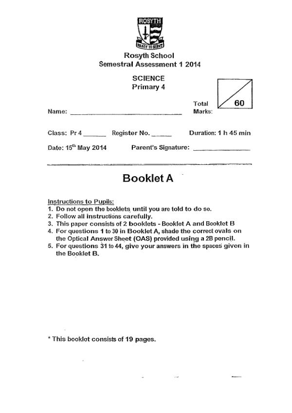 Rosyth P4 Sci WA2 2014 exam paper PDF first page preview