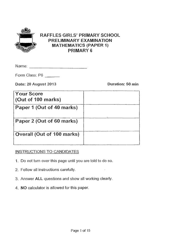 Raffles Girls P6 Math SA2 2013 exam paper PDF first page preview