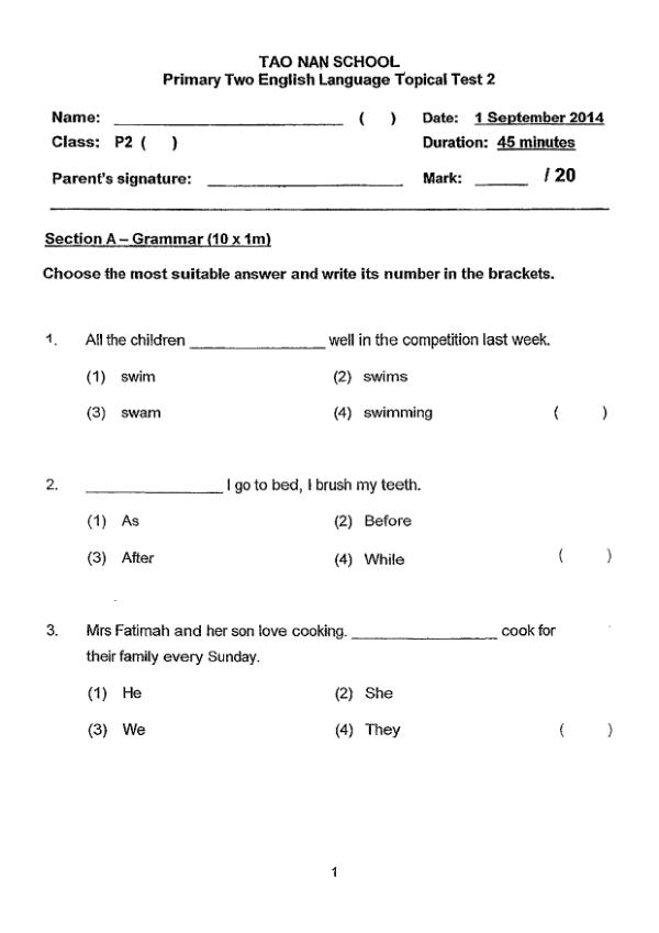 Tao Nan P2 Eng WA3 2014 exam paper PDF preview