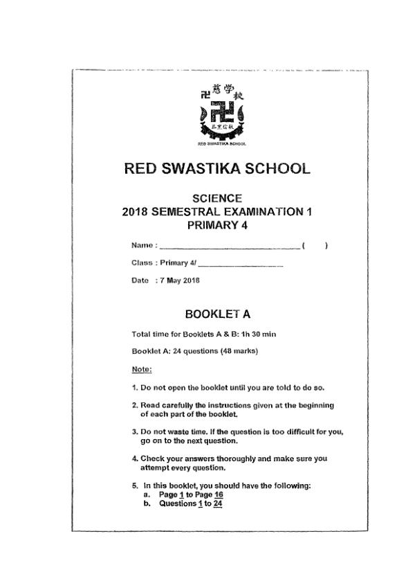 Red Swastika P4 Sci WA2 2018 exam paper PDF first page preview