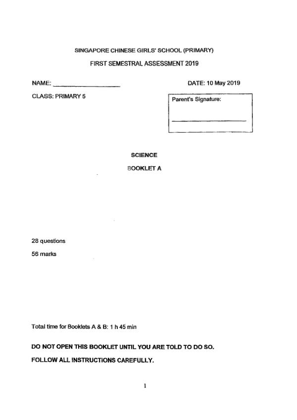 Singapore Chinese Girls P5 Sci WA2 2019 exam paper PDF first page preview