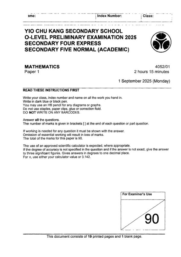 Yio Chu Kang Sec4 E_Maths Prelim 2025 exam paper PDF preview