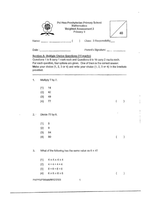 First page preview of P3 Math 2023 WA1 — Pei Hwa