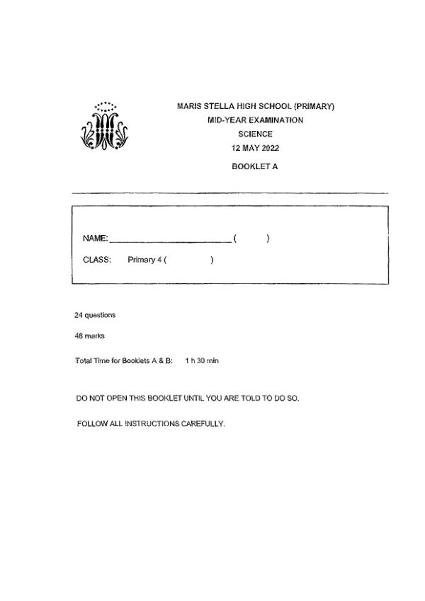 Maris Stella High P4 Sci WA2 2022 exam paper PDF first page preview