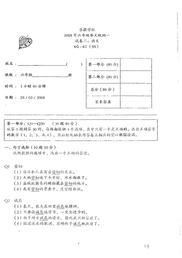 Maha Bodhi P6 Chi WA1 2008 exam paper PDF preview