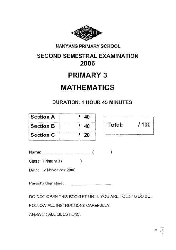 Nanyang P3 Math SA2 2006 exam paper PDF first page preview