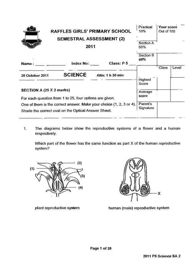 Raffles Girls P5 Sci SA2 2011 exam paper PDF first page preview