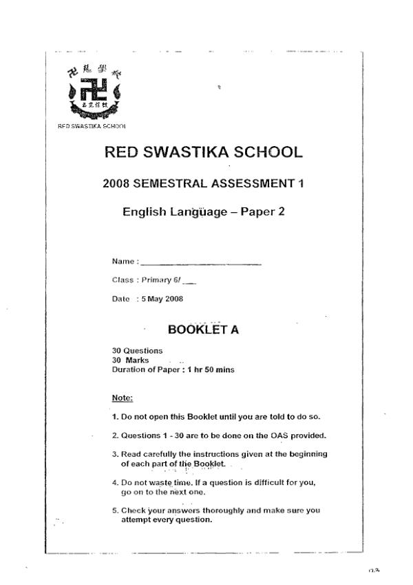 Red Swastika P6 Eng WA2 2008 exam paper PDF first page preview