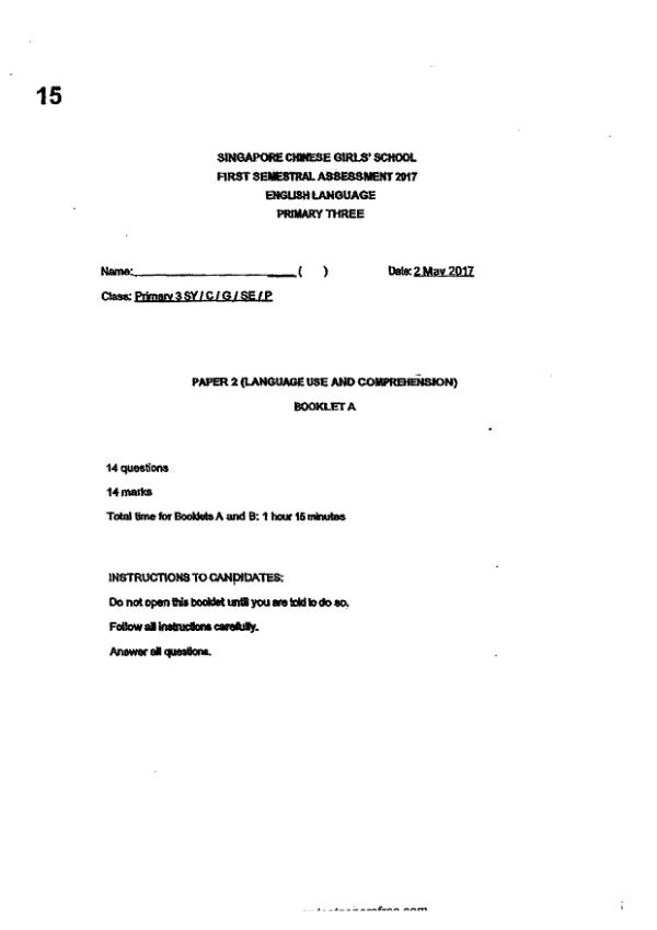 Singapore Chinese Girls P3 Eng WA2 2017 exam paper PDF first page preview