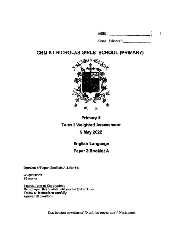 CHIJ P5 Eng WA3 2022 exam paper PDF preview