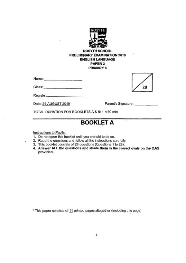 Rosyth P6 Eng SA2 2019 exam paper PDF preview