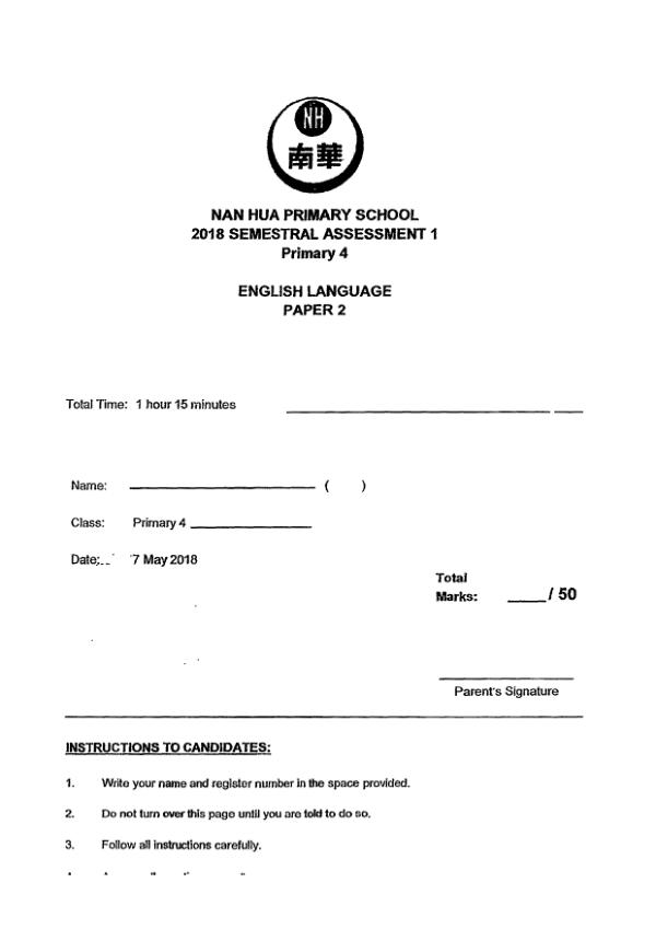 Nanyang P4 Eng WA2 2018 exam paper PDF first page preview
