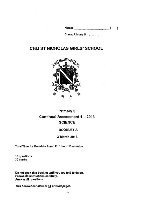 CHIJ P5 Sci WA1 2016 exam paper PDF preview