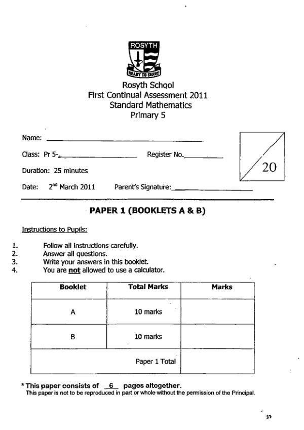 Rosyth P5 Math WA1 2011 exam paper PDF preview