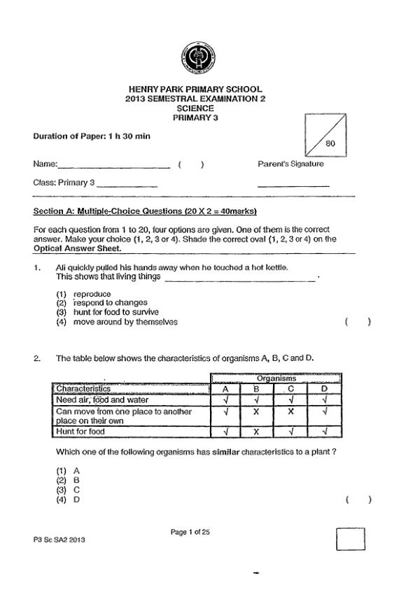 Henry Park P3 Sci SA2 2013 exam paper PDF preview