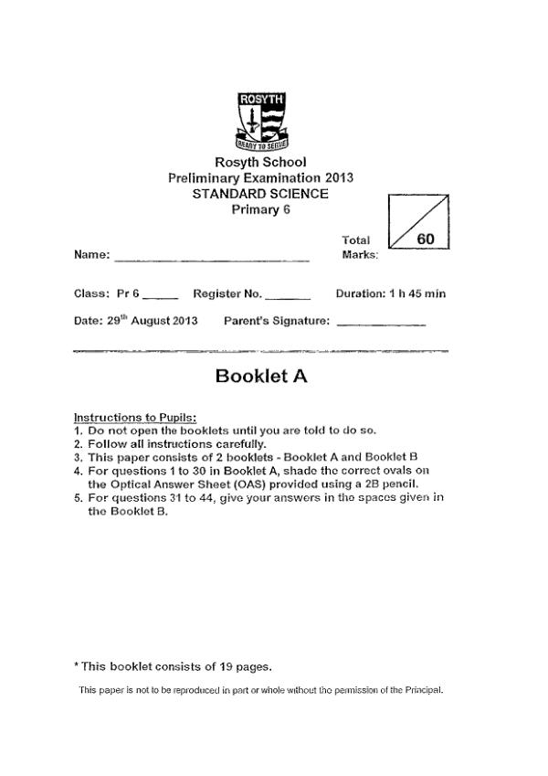 Rosyth P6 Sci SA2 2013 exam paper PDF first page preview
