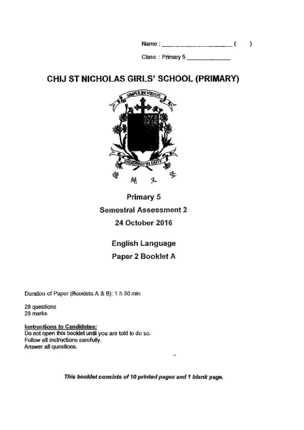 CHIJ P5 Eng SA2 2016 exam paper PDF first page preview