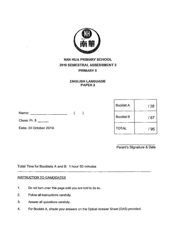 Nan Hua P5 Eng SA2 2019 exam paper PDF preview