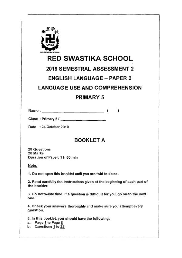 Red Swastika P5 Eng SA2 2019 exam paper PDF preview