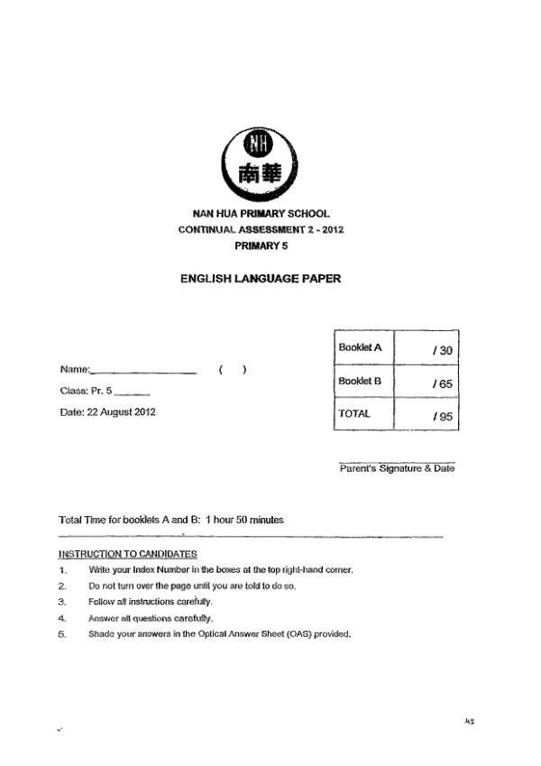 Nan Hua P5 Eng WA3 2012 exam paper PDF preview