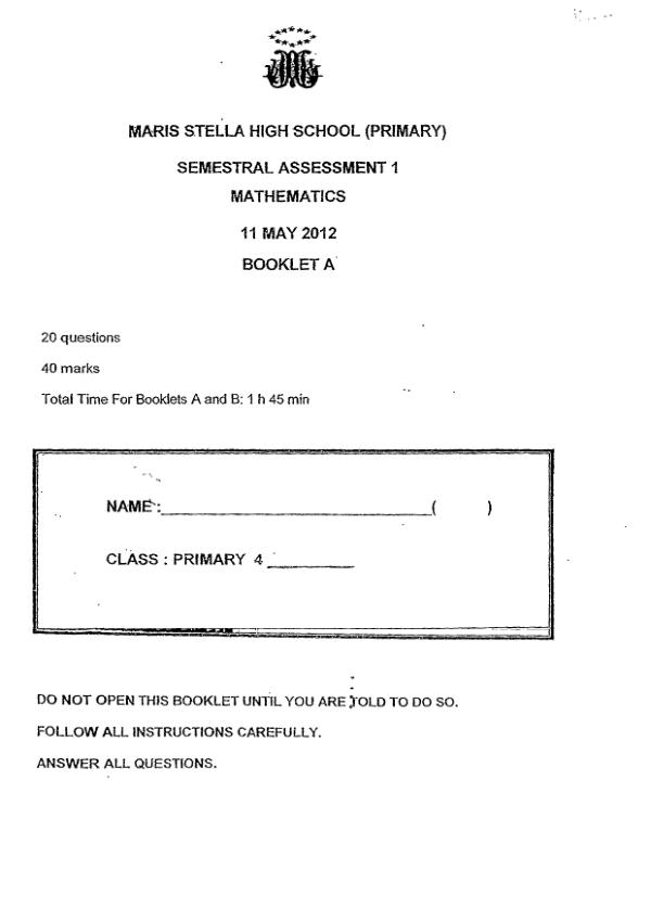 Maris Stella High P4 Math WA2 2012 exam paper PDF preview