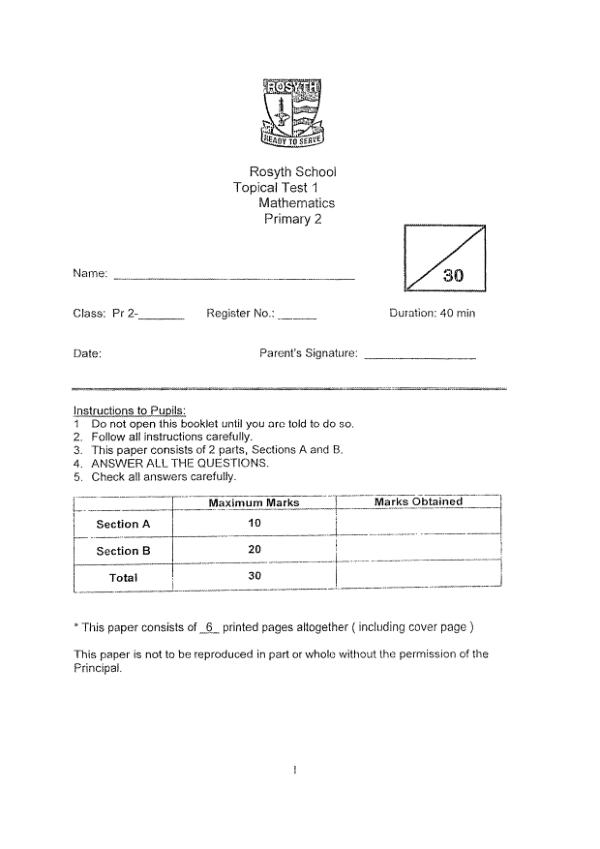 First page preview of P2 Math 2019 SA2 — Rosyth