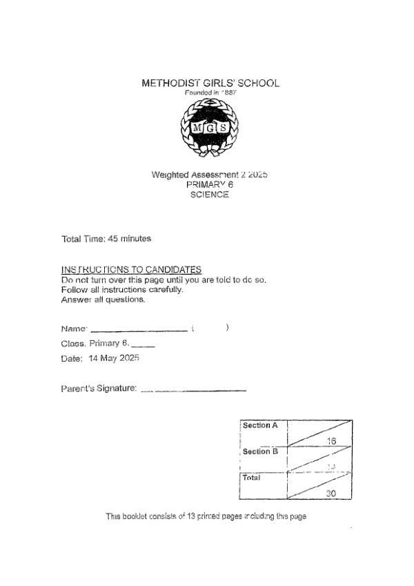 Methodist Girls P6 Sci WA2 2025 exam paper PDF first page preview