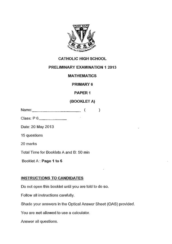 Catholic High P6 Math SA2 2013 exam paper PDF preview