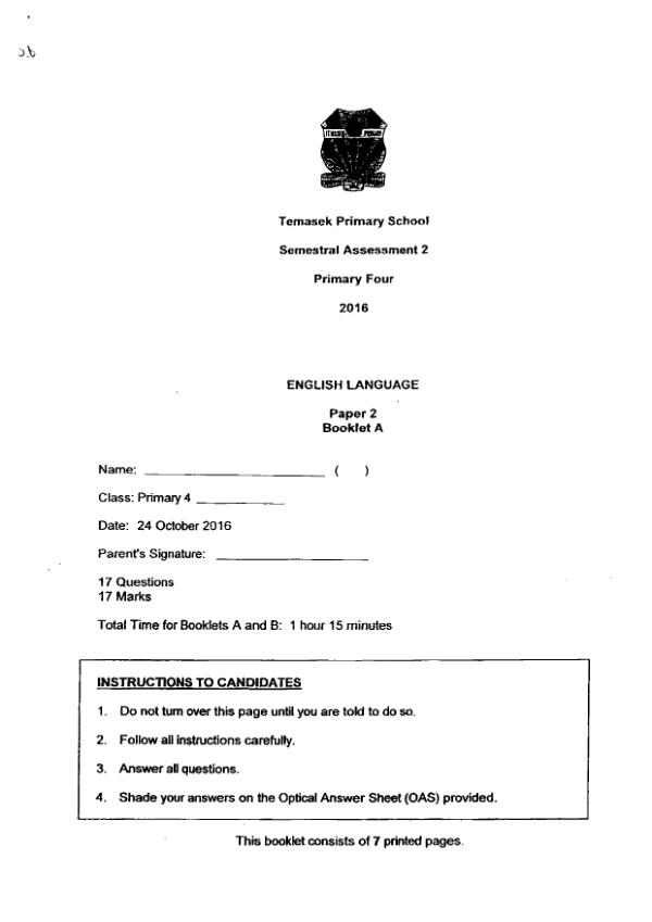 Temasek P4 Eng SA2 2016 exam paper PDF first page preview