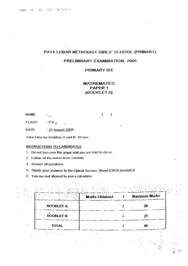 Methodist Girls P6 Math SA2 2009 exam paper PDF preview