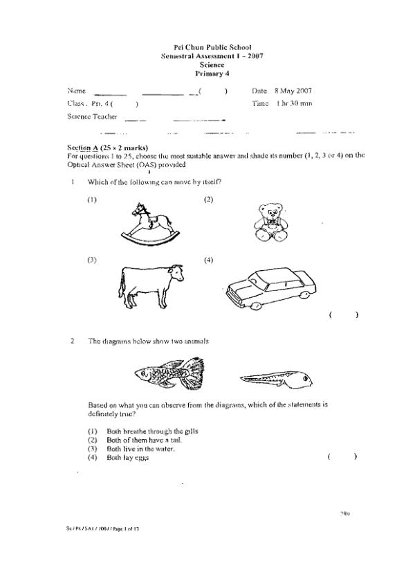 Pei Chun P4 Sci WA2 2007 exam paper PDF preview