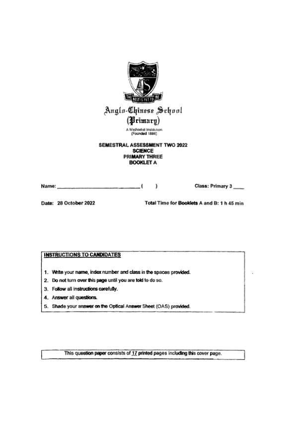 Anglo Chinese P3 Sci SA2 2022 exam paper PDF first page preview