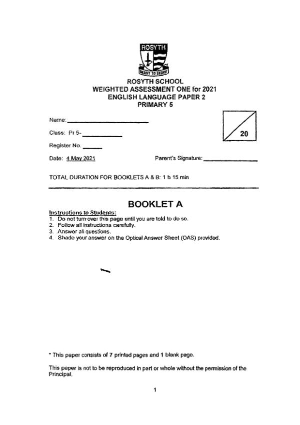 Rosyth P5 Eng WA2 2021 exam paper PDF first page preview